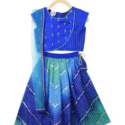 Here&Now X Kinder Kids Girls Blue & Green Embroidered Ready to Wear Lehenga & Blouse With Dupatta-picture-34