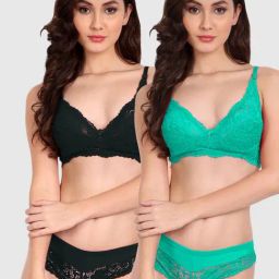 FIMS: Fashion is my Style Black & Green Lace Work Lingerie Set - Pack Of 2-image-79