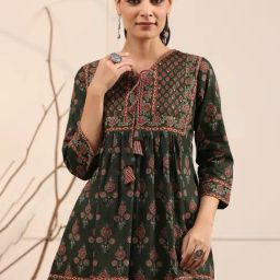 Rain and Rainbow Green Cotton Printed A Line Short Kurti-picture-40