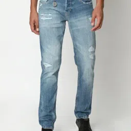 Spykar Light Blue Cotton Slim Fit Distressed Jeans-picture-24