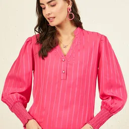 Marie Claire Striped Mandarin Collar Smocked Cuff Sleeves Shirt Style Satin Top-image-27