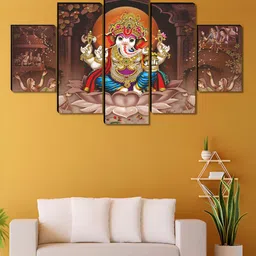 Aura Brown & Blue 5 Pieces Wooden Ganesha Religious Wall Art-30