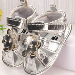 Cute Walk by Babyhug Velcro Closure Sandal Style Booties with Floral Applique - Silver-image-97