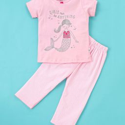 Teddy Cotton Knit Full Sleeves Night Suit Glittery Mermaid Print - Pink-picture-33
