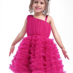 Babyhug Mesh Sleeveless Solid Color Party Frock - Fuchsia-image-48