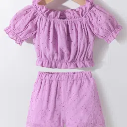 Kookie Kids Half Sleeves Schiffi Top & Shorts Set Solid Colour - Purple-picture-14