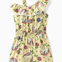 Babyhug Rayon Woven Sleeveless Unicorn Printed & Frill Detailing Jumpsuit- Yellow-image-27