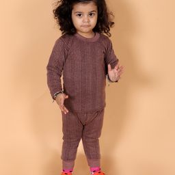 MoMaa Full Sleeves Ribbed Coordinating Fleece Thermal Set - Brown-image-37
