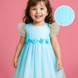 Babyhug Woven Half Puffed Fit & Flared Solid Colour Party Frock with Floral Applique - Light Blue-image-85