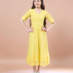 Pspeaches Half Sleeves Schifli Embroidered Dress - Yellow-image-1