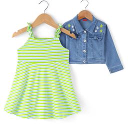 Babyhug Single Jersey Knit Full Sleeves Floral Embroidered Jacket& Striped Frock - Light Green & Blue-image-34