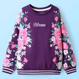 Pine Kids Cotton Knit Full Drop Shoulder Sleeves Sweatshirt with Floral Print - Purple-image-78