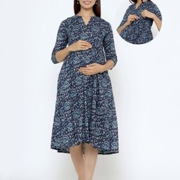 CRAFIQA Three Fourth Sleeves Paisley  Printed Maternity Dress With Concealed Zipper Nursing Access - Indigo-image-75