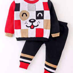 Simply Knitted Full Sleeves Sweater Set with Checks & Dog Design - Black-image-34