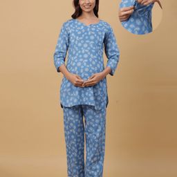 CRAFIQA Cotton Three Fourth Sleeves Floral Printed With Concealed Zipper  Nursing Access Night Suit - Blue-image-1