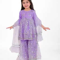 Babyhug Woven Three Fourth Sleeves Sequinned Kurta Gharara Set with Net Dupatta-Lavender-image-59
