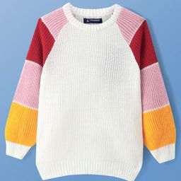 Pine Kids Knitted Full Raglan Sleeves Colour Block Print Pullover Sweater - White Red & Pink-image-74