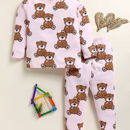 Little Marine Cotton Kint Full Sleeves Bear Printed Night Suit - Opera Pink-image-54