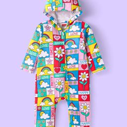 Babyhug 100% Cotton Knit Full Sleeves Hooded Romper with Text & Bear Print - Yellow Blue & Red-image-87