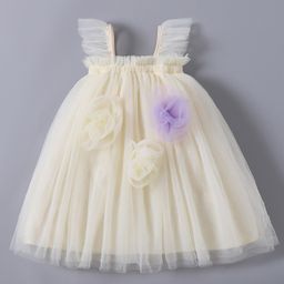 Mark & Mia Frill Sleeves Solid Color Party Frock with Floral Applique - Beige-image-62