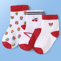 Doodle Poodle Cotton Knit Ankle Length Socks with Floral Design Pack Of 3 - White & Red-image-75