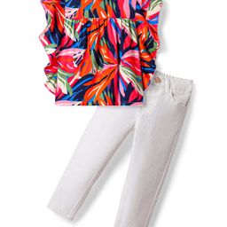 Babyhug Rayon Woven Flutter Sleeves Printed Top & Solid Denim Jeans Set - Red & White-image-0