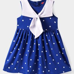 Babyhug Cotton Knit Sleeveless Sailor Collar Dress With Polka Dot Print - Blue-image-2