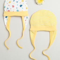 BUMZEE Cotton Pack Of 2 Striped & Butterflies Printed Tying Caps With Ear Flaps - White & Yellow-picture-19