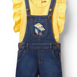 Babyhug Single Jersey Knit Floral Embroidered Dungaree & Frill Sleeves Inner Tee - Yellow & Blue-image-34