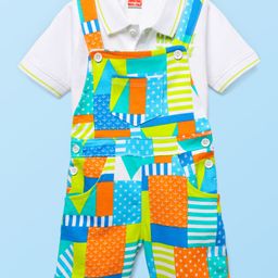 Babyhug Single Jersey Knit Half Sleeves Polo T-Shirt & Dungaree With Nautical Print - White-image-89