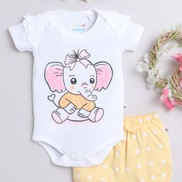 BUMZEE Cotton Woven Half Sleeves Elephant Print Onesie & Polka Dot Printed Shorts Set With Headband - Yellow & White-image-46