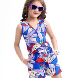 OLLINGTON ST. Cotton Co-ord Set Of Sleeveless Top & Shorts with Floral Print -Blue-image-82