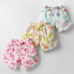 CUCUMBER Sinker Knit Above Knee Length Bird & Fruit Printed Shorts Pack of 3 - Pink Light Blue & Cream-image-21