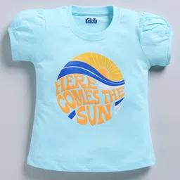 Kidcity Soft Cotton Sinker Half Puffed Sleeves Here Comes The Sun Text Printed Top - Light Blue-picture-35