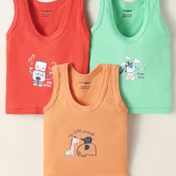 Cucumber Sinker Knit Sleeveless Vests With Animal Print Pack Of 3 - Red Green & Peach-image-41