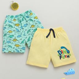 BUMZEE Cotton Pack Of 2 Dinosaur Printed Shorts - Mint Green & Yellow-image-4