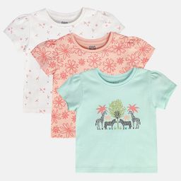 MINI KLUB Cotton Pack Of 3 Half Sleeves Floral & Animals Printed Tops - Blue Pink & White-picture-3