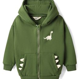 Bonfino 100% Cotton Fleece Knit Full Drop Shoulder Sleeves Hooded Sweatjacket with Kangaroo Pockets & Dino Print - Olive Green-image-89