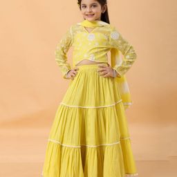 MASTARANG Cotton Woven Full Sleeves Floral Printed & Embrodiered TIered Lehenga & Choli With Dupatta Set - Yellow-image-10