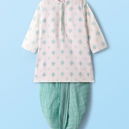 Babyhug Woven Full Sleeves Printed Kurta With Embroidered Dhoti Set - Turquoise & White-image-87