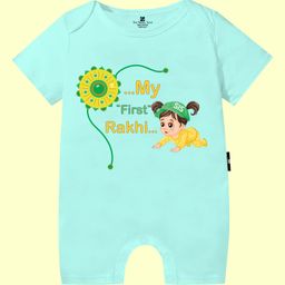 The Peppy Tend 100% Cotton Knit Rakshabandhan Theme Half Sleeves My First Rakhi Text Printed Romper - Sea Green-image-76