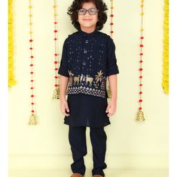 Ministitch Cotton Silk Woven Full Sleeves Solid Kurta & Pant With Animals Foil Printed Jacket Set - Navy Blue-image-96