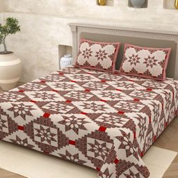 Homez Sparrow Multicoloured & Red Ethnic Motifs 210 TC King Bedsheet with 2 Pillow Covers-3