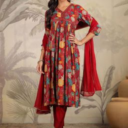 KALINI Floral Printed V-Neck Chanderi Silk Anarkali Kurta With Trousers And Dupatta-picture-52
