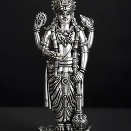 Exotic India Four-Armed Lord Vishnu Idol Standing on Lotus - Silver Plated Brass Statue-image-60