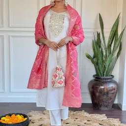 BLENDIFY Floral Yoke Design Thread Work Chanderi Silk Kurta With Trousers And Dupatta-picture-14
