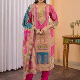 FVD Floral Printed Round Neck Chanderi Silk Straight Kurta With Trousers & Dupatta-picture-17