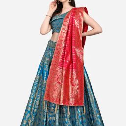 PURVAJA Teal Printed Stitched Lehenga & Unstitched Blouse With Dupatta-image-91