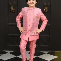 Ahhaaaa Kids Pink Embellished Full Sleeves Sherwani, Jacket & Pyjamas-picture-21