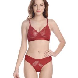 AROUSY Red Self Pattern Bra Panty Set-7